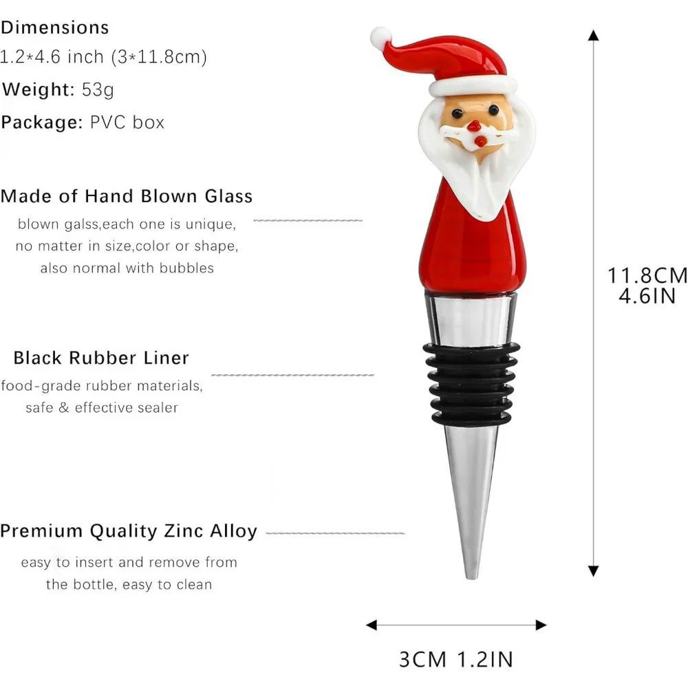 Charming Santa Wine Bottle Stopper - 4.5'' Reusable Glass Cork for Holiday Cheer
